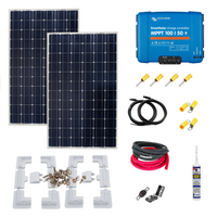 Callidus Trade: KIT7 - A set of Victron solar panels along with a Victron Smart MPPT solar charge controller and mounting hardware including solar brackets and cables.
