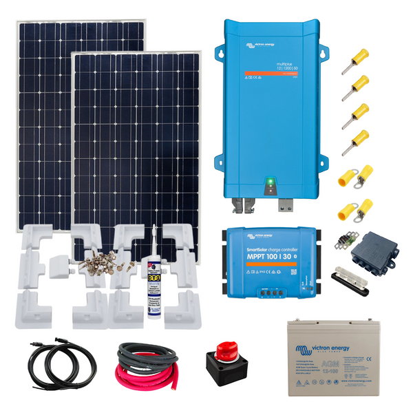 Victron Shed Kit. 350 Watts of Solar Power, Smart MPPT, MultiPlus Inverter/charger, Cable, Mounting, cable Gland & 100 Ah AGM Super Cycle Battery. SH51