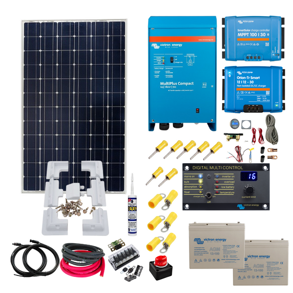 Victron 305 or 350 Watt Solar Panels, Victron Smart MPPT, MultiPlus Compact Inverter/ Charger, Victron Orion DC DC Battery Charger, AGM Super Cycle Battery. KIT105