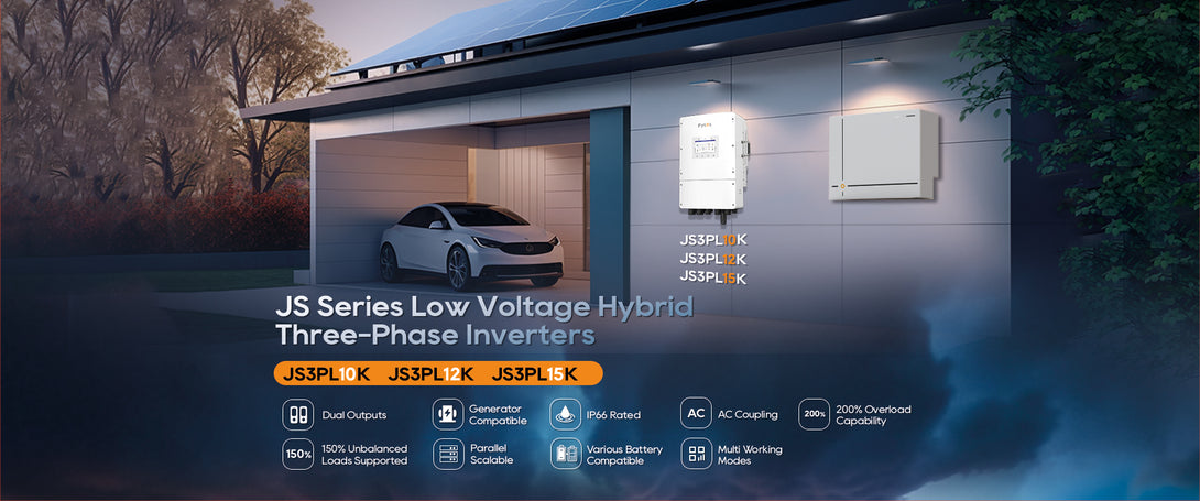 Garage with a car and JS Series Low Voltage Hybrid Three-Phase Inverters on the wall.