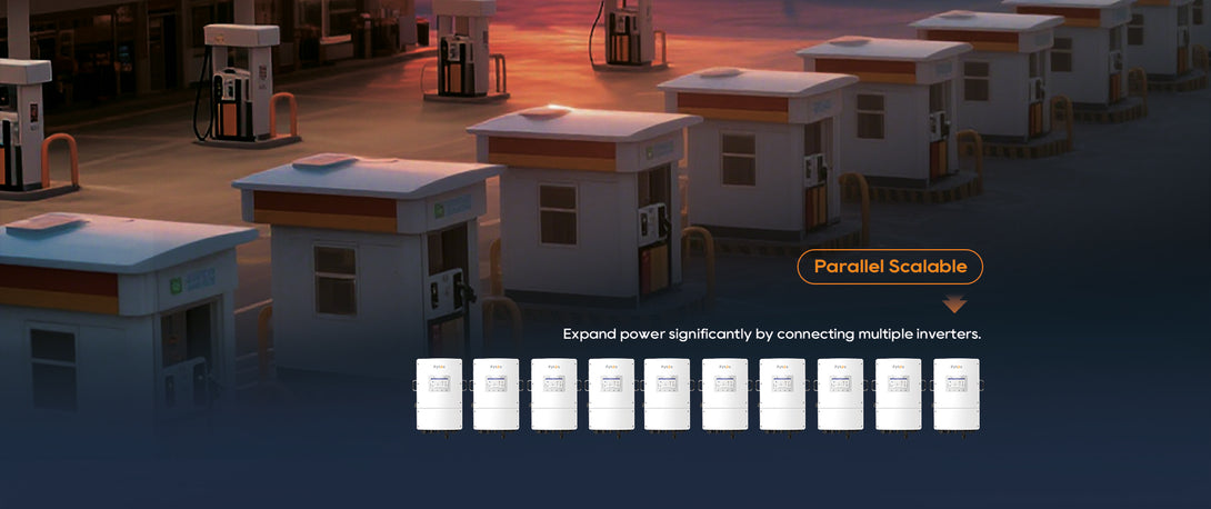 Row of small buildings or cabins with a sunset sky in the background, featuring text about parallel scalable power expansion.