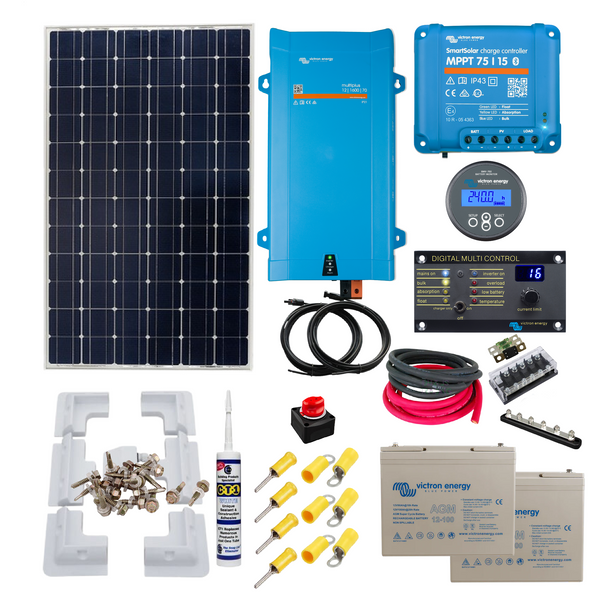 Victron Shed kit. MultiPlus 1600VA Inverter/Charger, 115 to 350 Watts of Solar Power, Mounting, Cable Gland & Victron AGM Super Cycle 200Ah. SH34