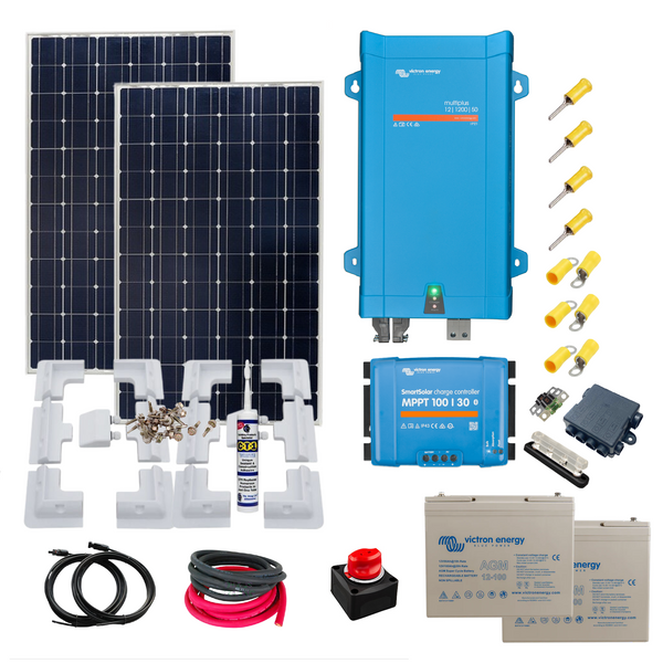 Victron Cabin Kit. 350 Watts of Solar Power,Victron Smart MPPT,MultiPlus Inverter/charger, Cable, Mounting, cable Gland & 200 Ah AGM battery. CA52