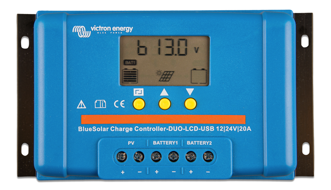 Blue Victron Energy solar charge controller with digital display on a white background