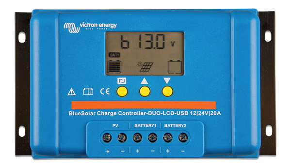 Blue Victron Energy solar charge controller with digital display on a white background