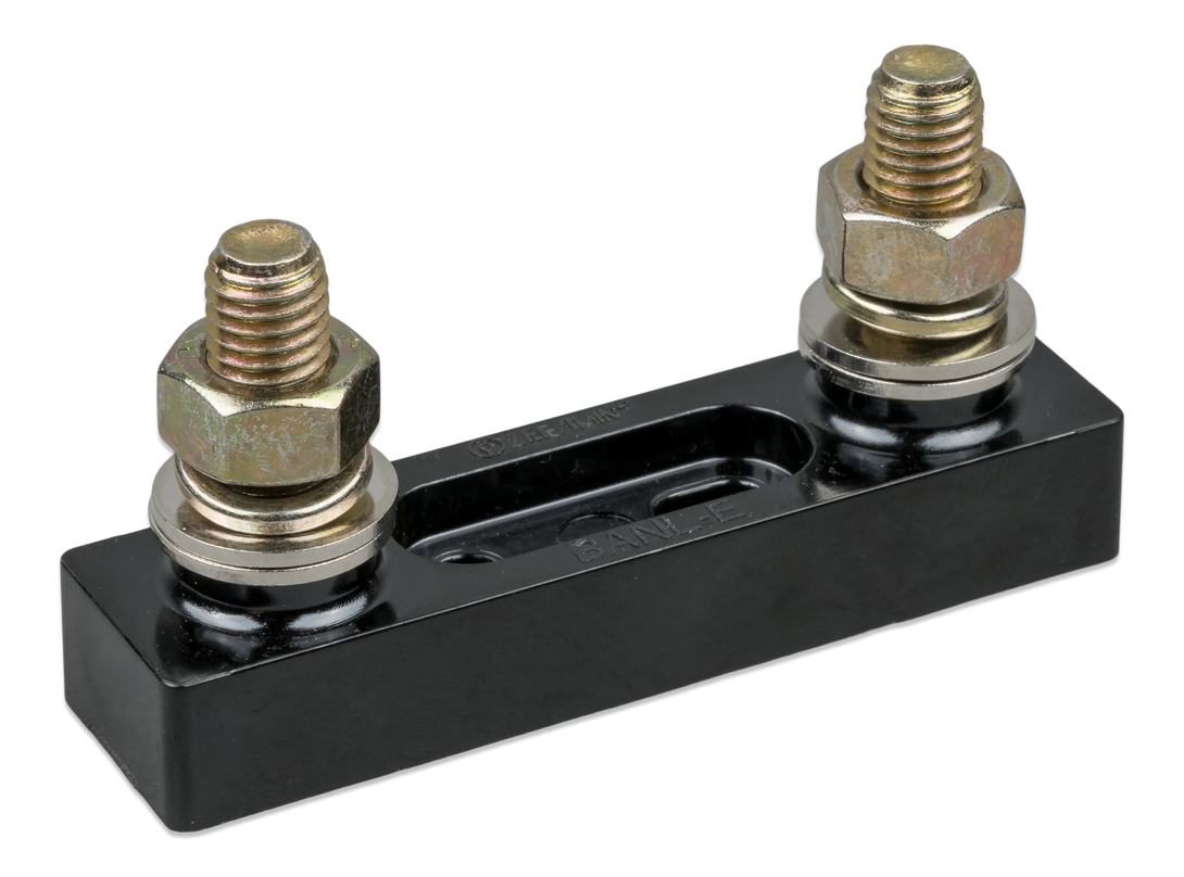 Black metal fuse holder with two brass screws on a white background