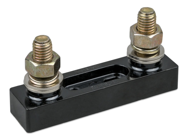 Black metal fuse holder with two brass screws on a white background