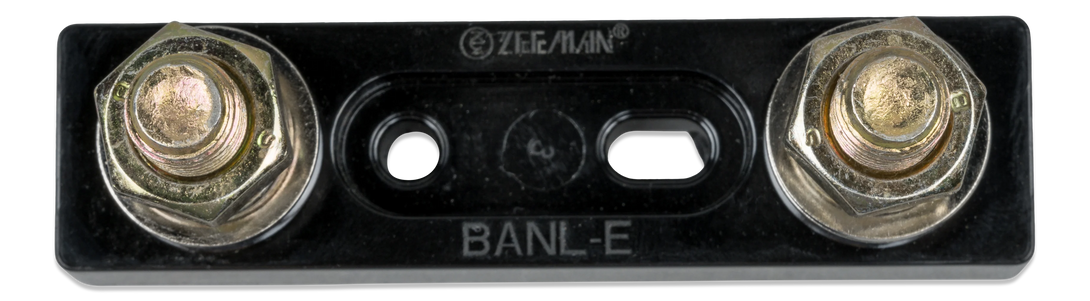 Black metal fuse holder with two brass bolts on a white background