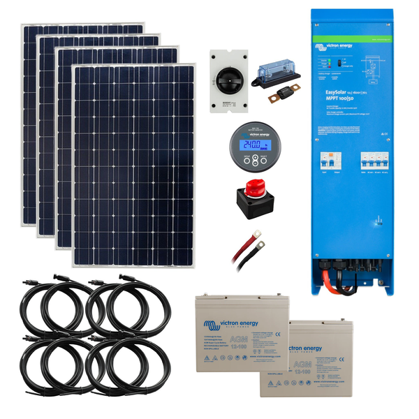 Victron EasySolar Off Grid AGM Kit. 700 Watts of Solar Power, 2.4 or 4.8kWh Battery Storage, 1600 kVA Inverter/Charger. 12 Volt. OG2