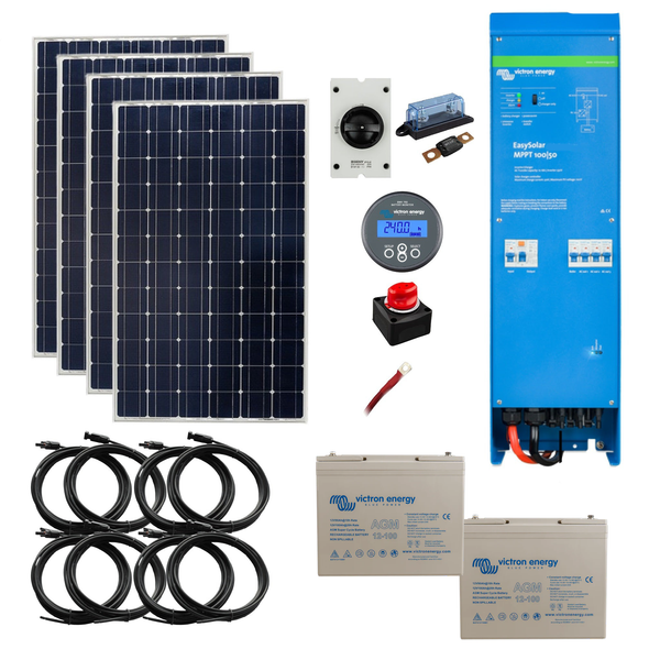 Victron EasySolar Off Grid AGM Super Cycle Kit. 700 Watts of Solar Power, 2.4 or 4.8kWh Battery Storage, 1600kVA Inverter/Charger. 24 Volt. OG6