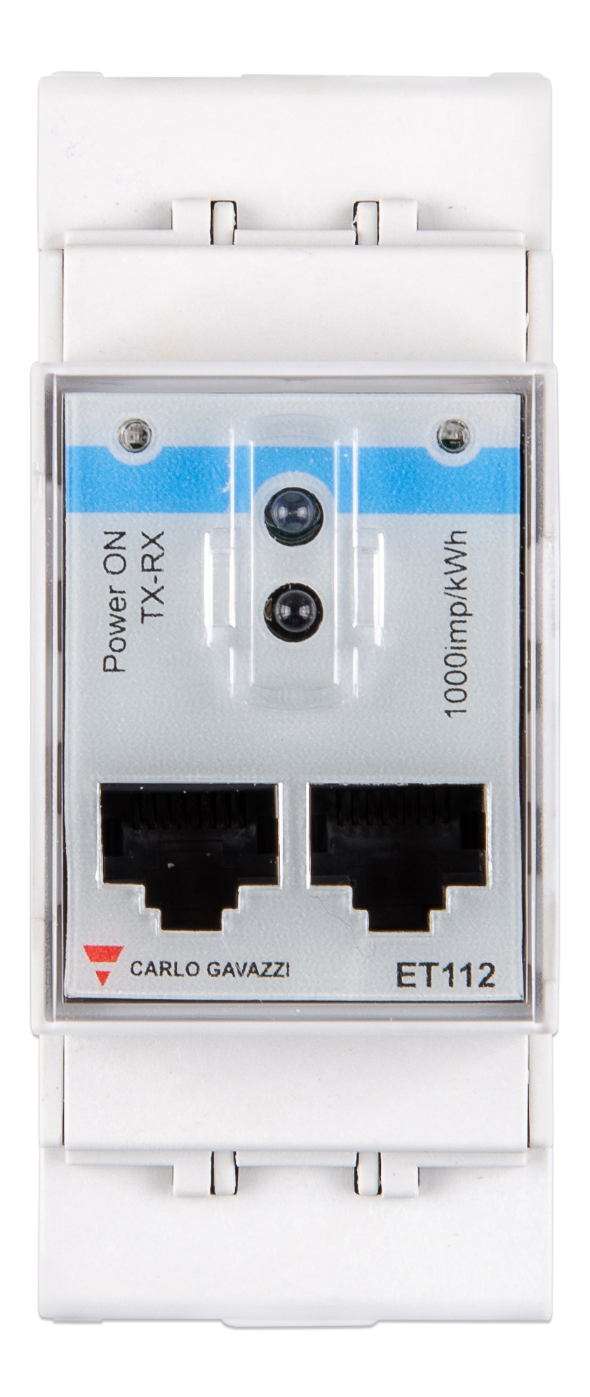 Carlo Gavazzi ET112 electrical device with two Ethernet ports on a white background