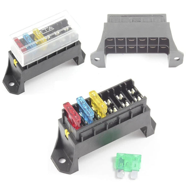 Three fuse blocks (FB4) with coloured fuses on a white background