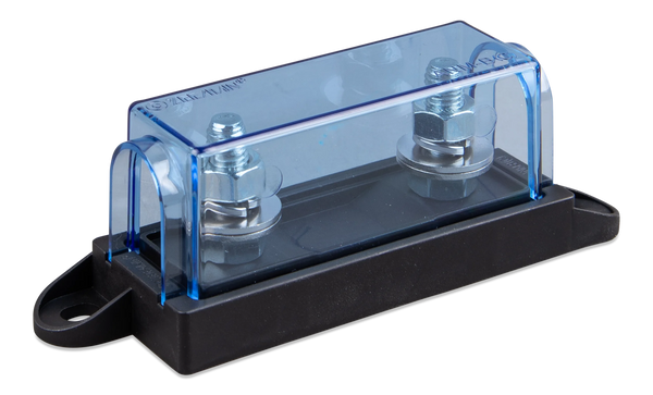 Electrical fuse block with clear cover on a white background