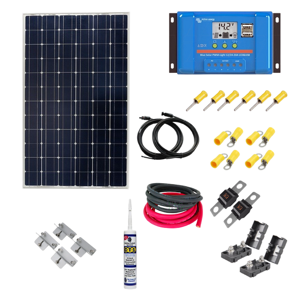 Victron Shed Kit. Victron 175 Watt Solar Panel, PWM LCD & USB, Solar Brackets, Cable Gland, Solar Cable and MC4 Connectors. SH10B