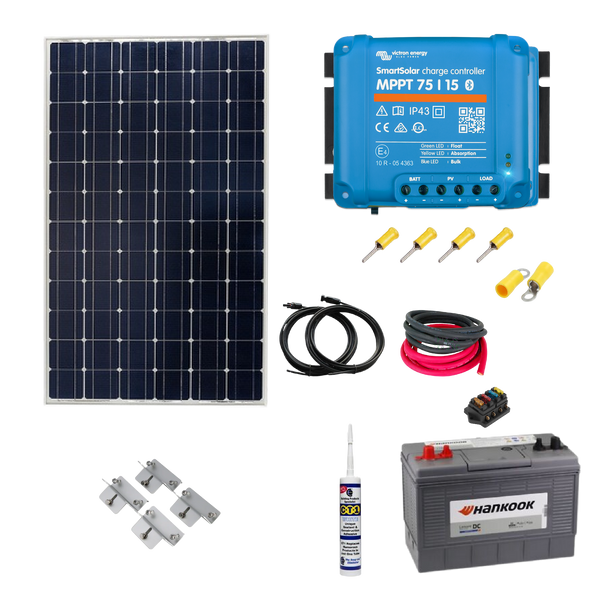 Victron Shed Kit. Victron 175 Watt Solar Panel, Smart MPPT, AGM Super Cycle Battery or Leisure Battery, Complete Cable Kit, Mounting & Gland. SH11A