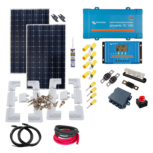 Victron 350 Watt of Solar Panels, PWM Solar Controller, Victron Phoenix Inverter, Cable, Mounting, Cable Gland & 200Ah of batteries. KIT14