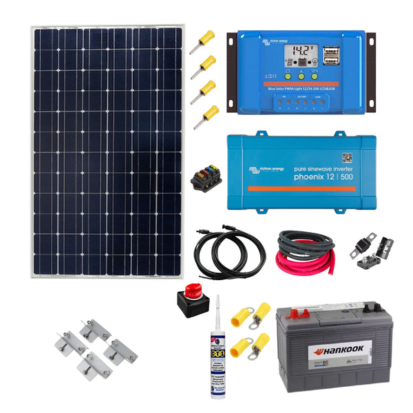 Victron Cabin Kit - Victron 175 Watt panel, PWM Solar Controller, Phoenix 500VA Inverter, Cable, Mounting & Gland & 100Ah battery. CA15