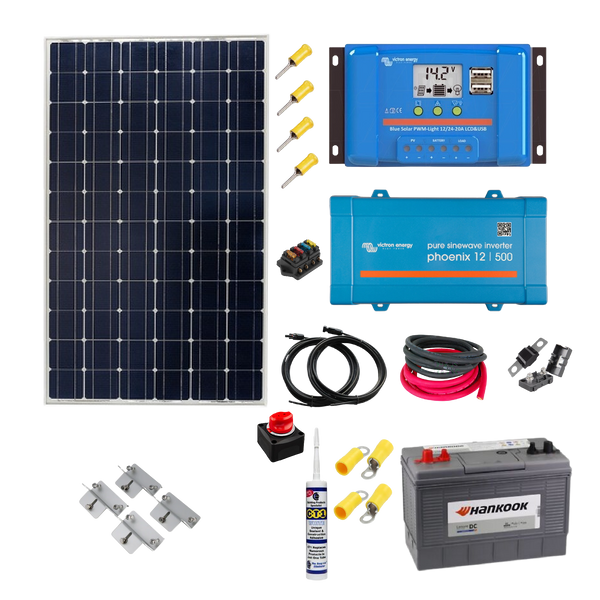 Victron Shed Kit - Victron 175W Solar Panel, PWM Solar Controller, Phoenix 500VA Inverter, Cable, Mounting, Gland & 100Ah battery. SH15