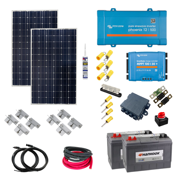 Victron Shed Kit. 350 Watts of Solar Power, Smart MPPT, Phoenix 500VA Inverter, Cable, Mounting, Cable Gland & 200Ah of Batteries. SH17