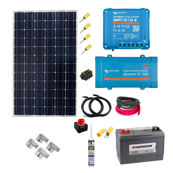 Victron Cabin Kit. 175 Watt Solar Panel, Smart MPPT, Phoenix 500VA Inverter, Cable, Mounting, cable Gland & 100Ah battery. CA18