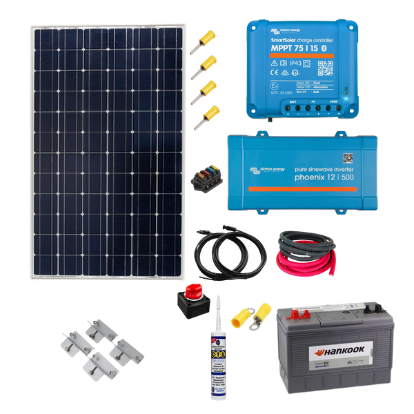 Victron Shed Kit. 175 Watt Solar Panel, Smart MPPT, Phoenix 500VA Inverter, Cable, Mounting, cable Gland & 100 Ah battery. SH18