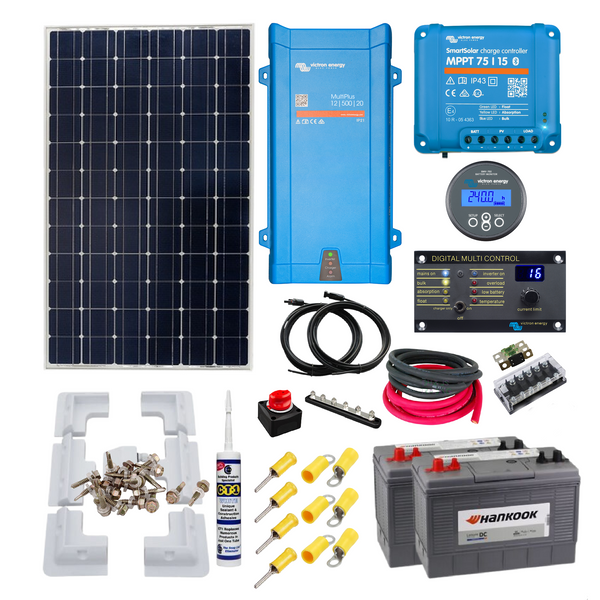 Victron 500VA Inverter Charger + 115 to 350 Watts of Victron Solar Panels + Cable, Mounting & Gland + 200ah Batteries + Victron Battery Monitor. KIT31