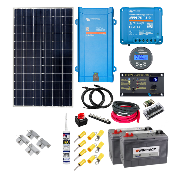 Victron Cabin Kit. Complete with Victron 500VA 230 Volt Inverter Charger and 115 to 350 Watt Solar Power, With or without batteries, Cable, Mounting & Gland CA31