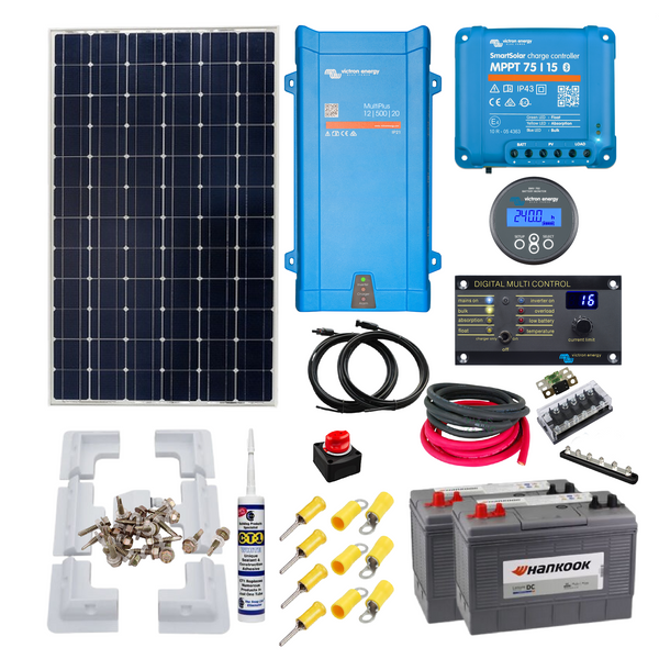 Victron MultiPlus 1200VA Inverter/Charger, Victron Solar Panels from 115 to 350 Watts, Mounting & Cable Gland, 200Ah Leisure Batteries. KIT33