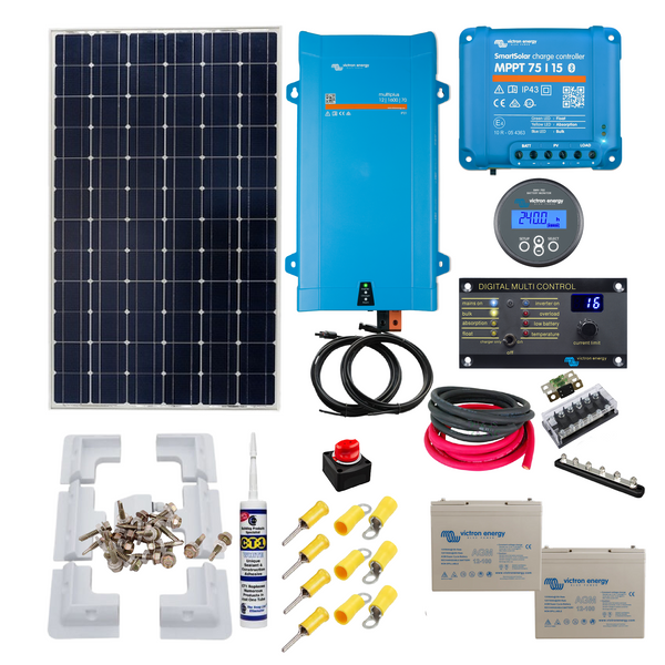 Victron Cabin kit. Complete With MultiPlus 1600VA Inverter/charger, 115 to 350 Watts of Solar Power, Mounting & Cable Gland, AGM Super Cycle 200Ah Battery. CA34