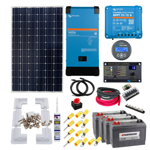 Victron MultiPlus 2000VA Inverter/charger with 115W of solar Power, Smart MPPT, Mounting, Cable Gland. 440Ah Leisure Batteries. KIT35
