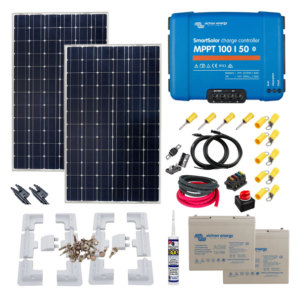 Victron 610 Watts of Solar Panels , Victron 220ah AGM Or Victron 100ah Lithium Battery, Victron Smart 100/50 MPPT, brackets & Cable Gland. KIT3