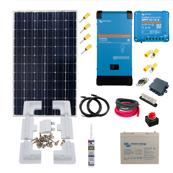 Victron 175 Watt Solar Panel, Victron 75/15 smart MPPT Solar Charge Controller, Victron MultiPlus Inverter Charger, Cable, Mounting, cable Gland & 100 Ah Victron AGM Super Cycle Battery. KIT50