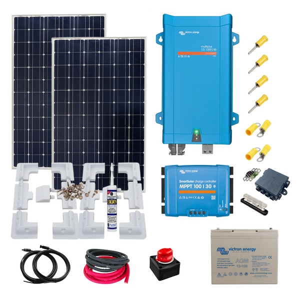 Victron 350 Watts of Solar panels, Victron Smart MPPT, Victron MultiPlus Inverter Charger, Cable, Mounting, cable Gland &100Ah AGM Battery.KIT51