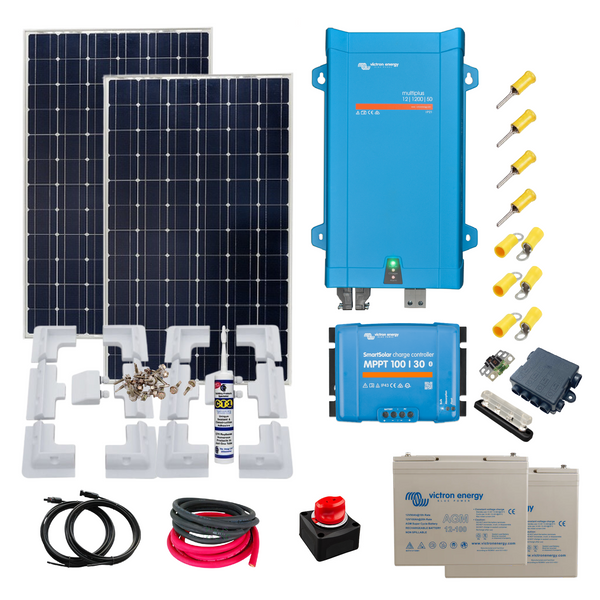 Victron 350 Watts of Solar Panels, Victron Smart MPPT, Victron 1200va MultiPlus Inverter/Charger, Cable, Mounting, Cable Gland & 200Ah AGM Super Cycle Batteries.KIT52