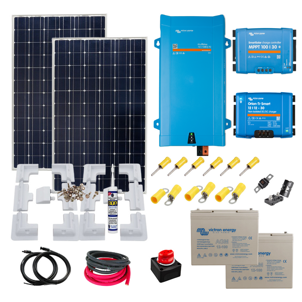 Victron 350 Watts of Solar Power, Victron Smart MPPT, MultiPlus Inverter/charger,Orion smart DC/DC charger, Cable, Mounting & 200Ah AGM battery.KIT55