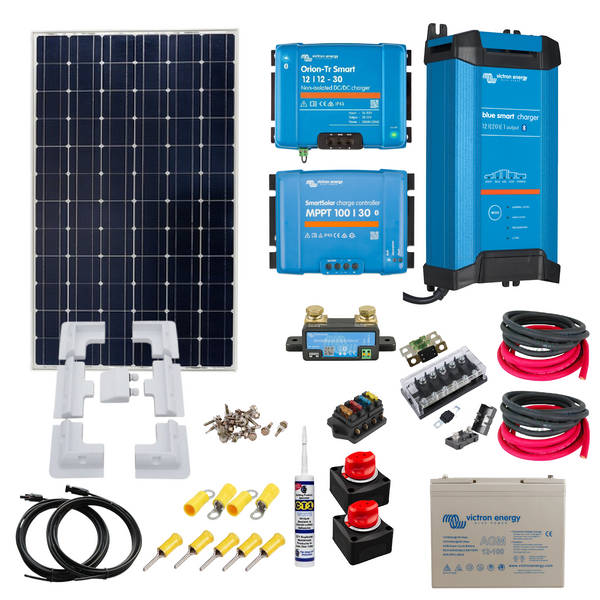 Victron 305 or 350 Watts of Solar Panels, Victron Smart MPPT, Victron Smart BMV, Victron Orion Smart DC/DC Charger, Cable, 100Ah Victron AGM Super Cycle Battery + Solar Mounting, Cable Gland. KIT58