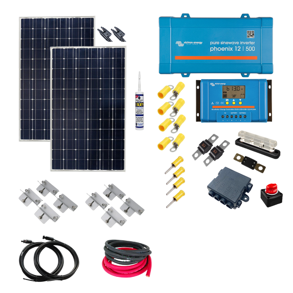 Victron Cabin Kit. Victron 350 Watts of Solar Power, PWM Solar Controller, Phoenix Inverter, Cable, Mounting, Cable Gland &  Choice of None, 100Ah or 200Ah of batteries. CA14