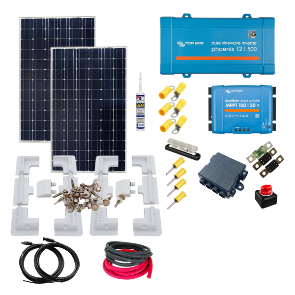 Victron 350 Watts of Solar, Victron Smart 100/30 MPPT, Victron Phoenix Inverter, Cable, Mounting, Cable Gland & Up to 200 Ah of batteries. KIT17