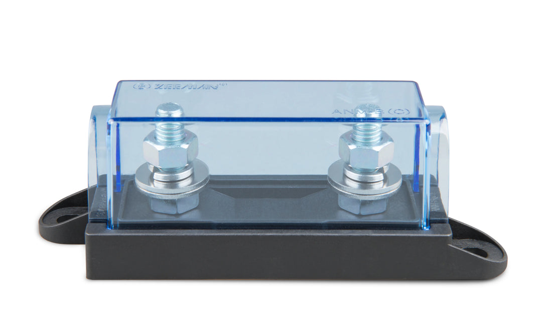 Electrical fuse block with clear cover on a white background