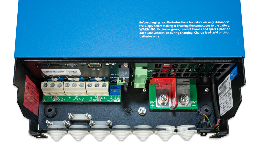 Close-up of Victron GX monitoring ports on MultiPlus-II inverter charger