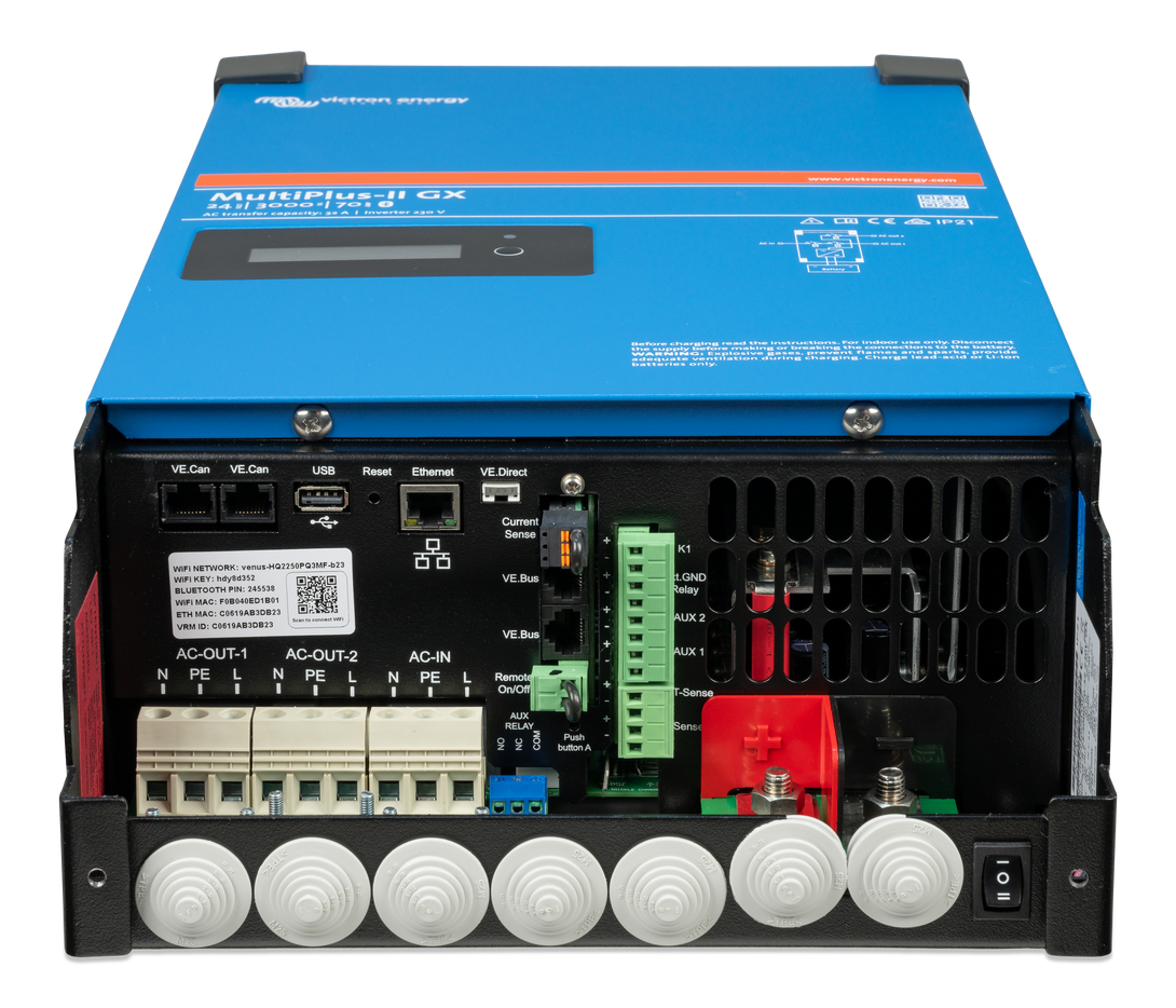 Rear wiring terminals of Victron MultiPlus-II PMP242306000 for AC and DC connections