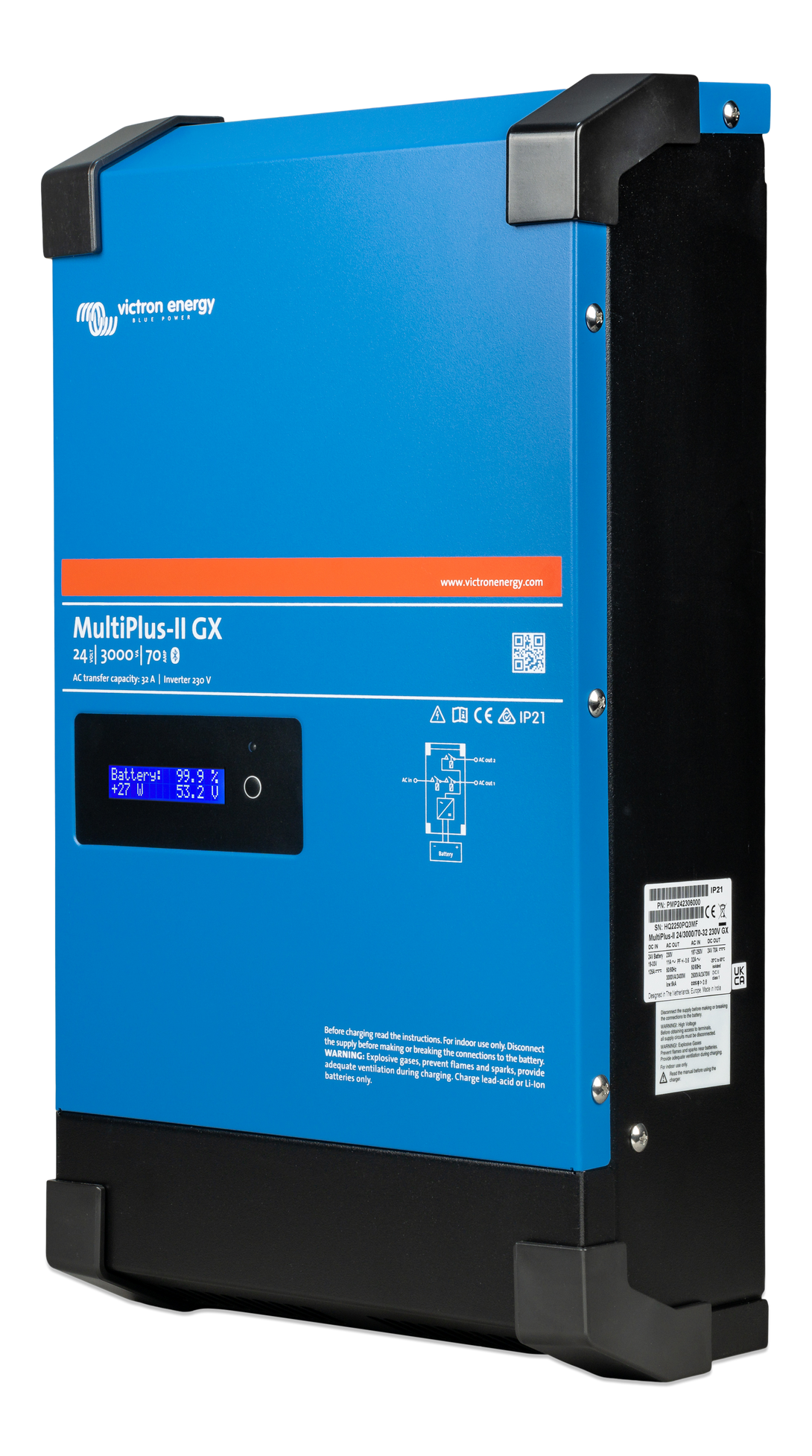 Side view of Victron MultiPlus-II 24 V inverter charger with ventilation design