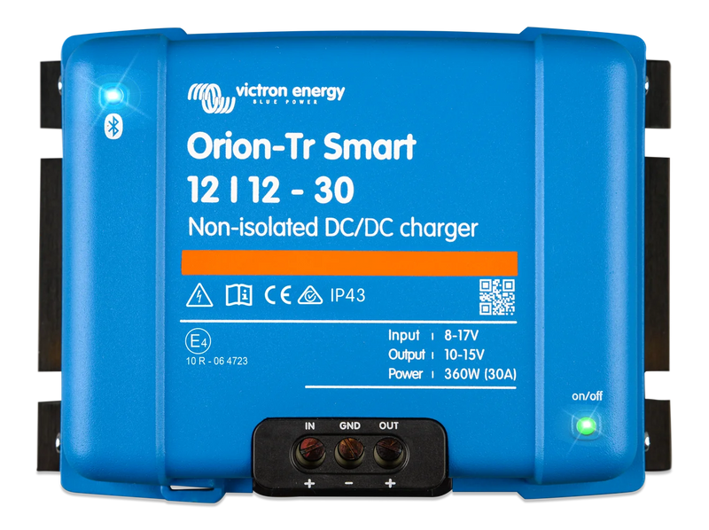 Victron Orion-Tr Smart 12/12-30A non-isolated DC-DC charger front view showing Bluetooth Smart label and connection terminals.