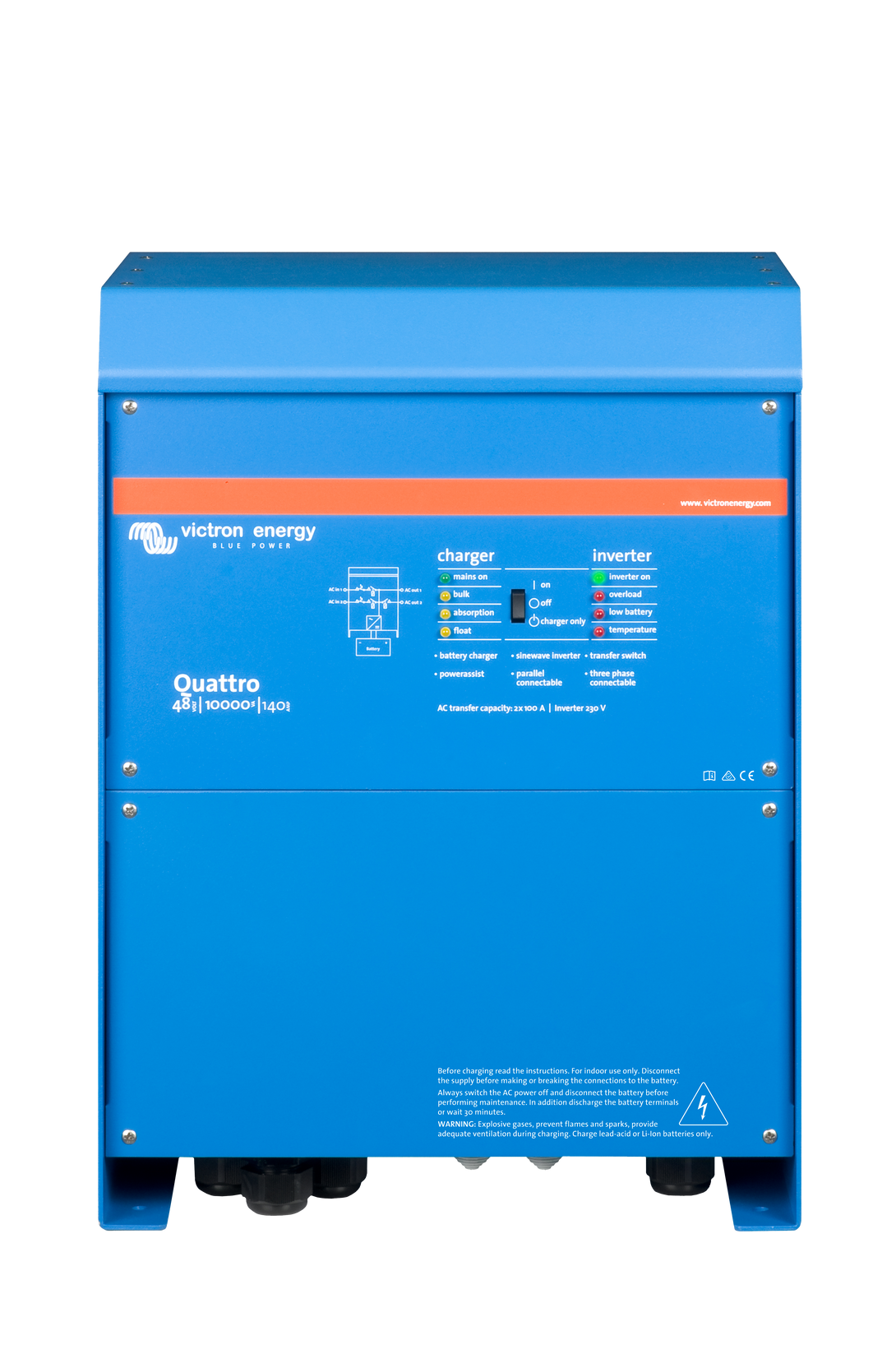 Blue Victron Energy Quattro battery charger and inverter on a white background