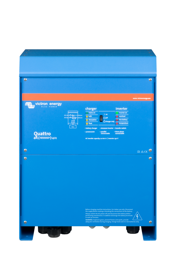 Blue Victron Energy Quattro battery charger and inverter on a white background