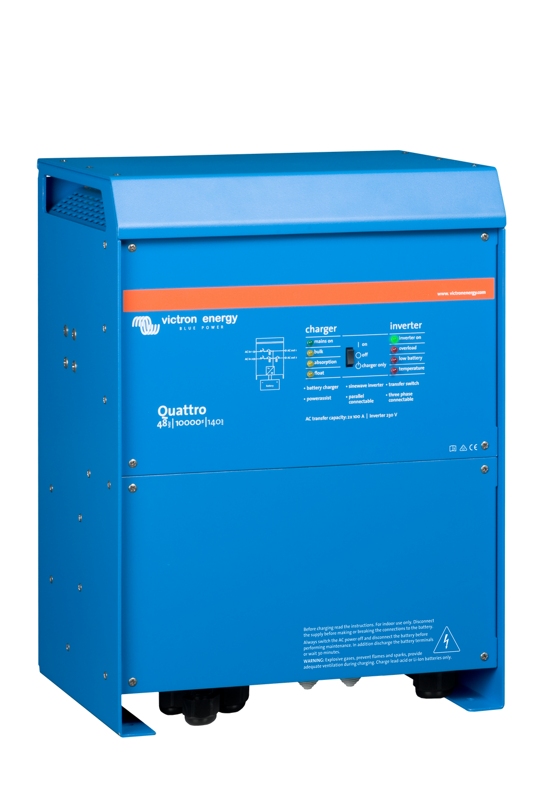 Blue Victron Energy Quattro charger/inverter on a white background
