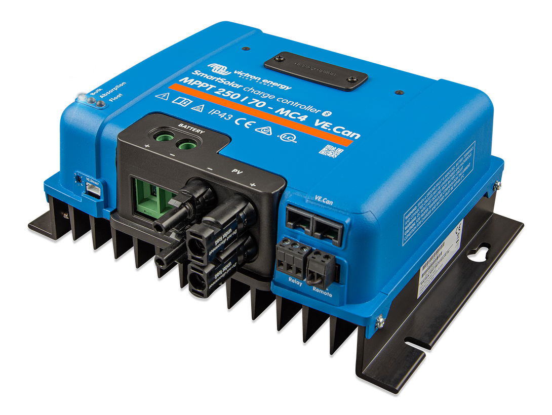 Side profile of Victron SmartSolar MPPT 250/70-MC4 VE.Can highlighting cooling fins and compact design