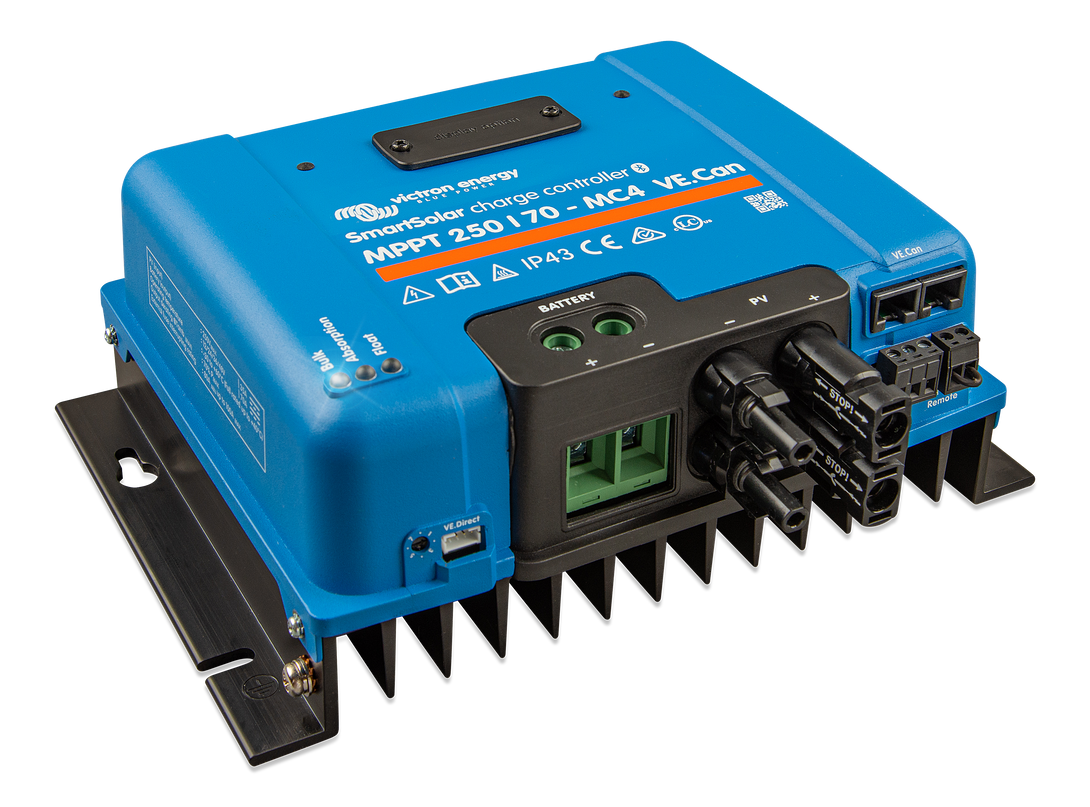 Side profile of Victron SmartSolar MPPT 250/70-MC4 VE.Can highlighting cooling fins and compact design