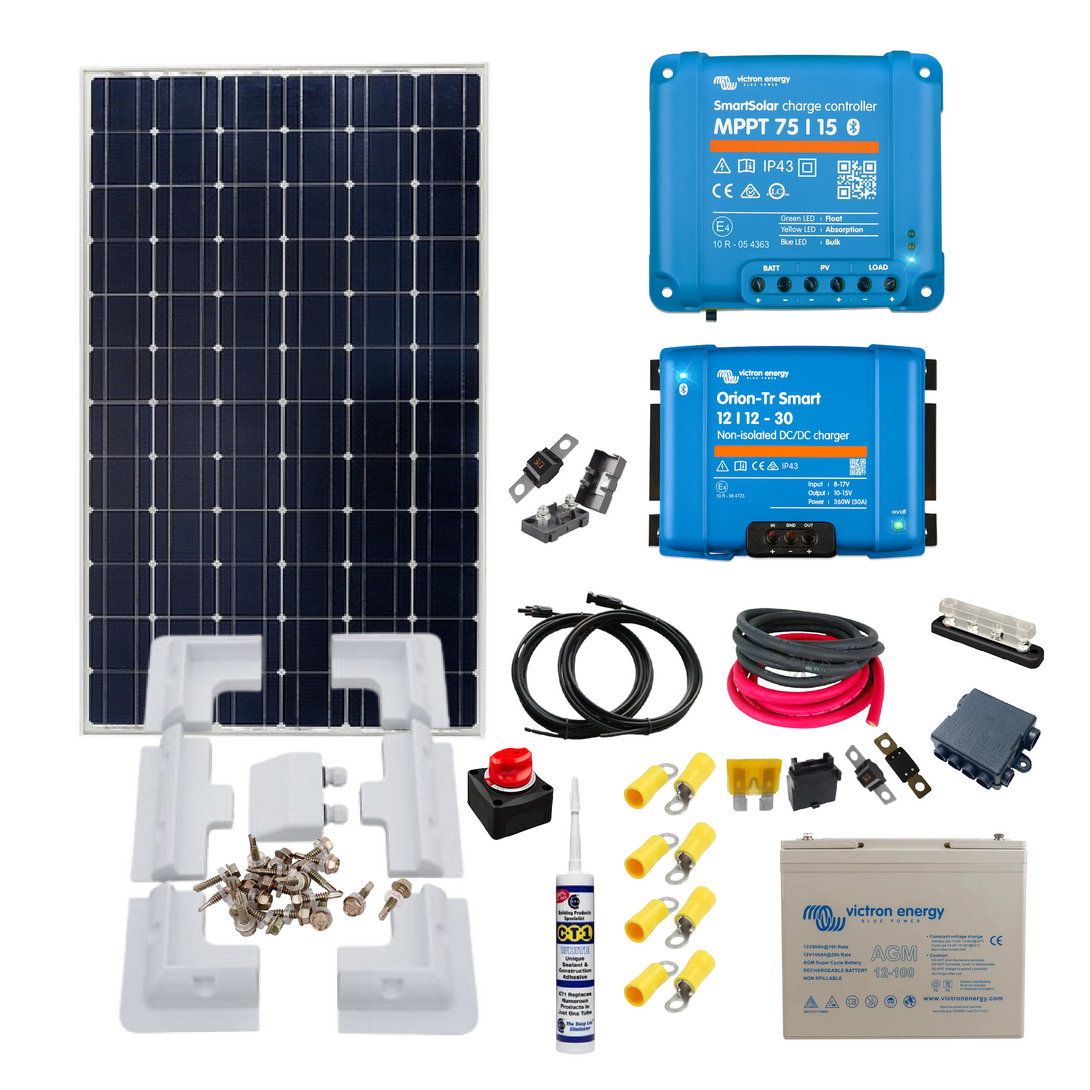 Solar panel kit with battery, connectors, and control devices on a white background