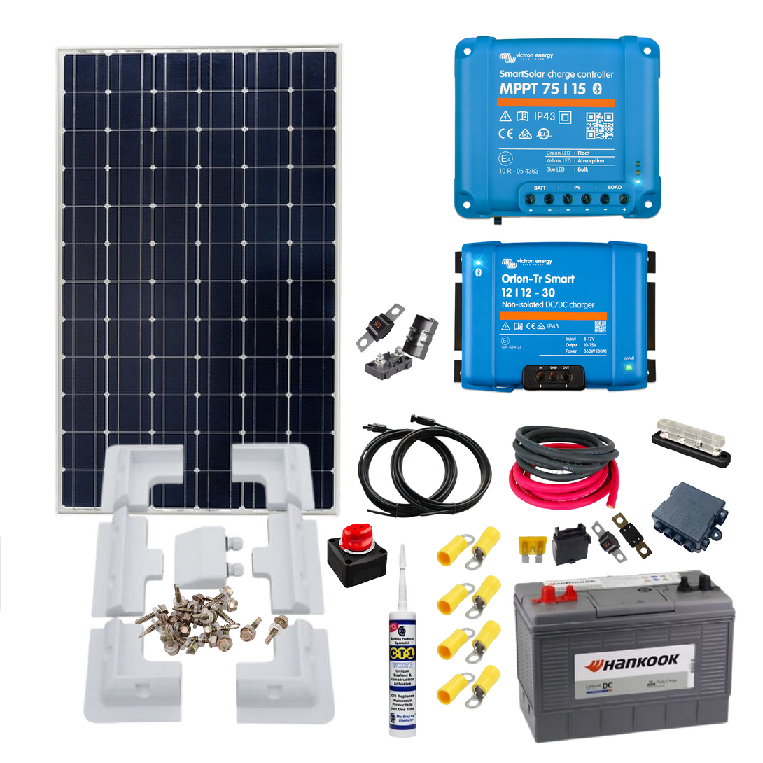 Solar panel kit with battery, connectors, and control devices on a white background